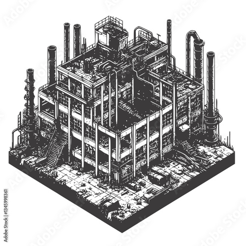 Urban industrial ruins with broken windows and corroded pipes illustration