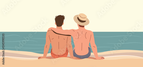 summer concept, two man sitting together on beach, friendship couple love romance. flat cartoon vector, holiday banner for hotel resort , sale promotion discount 