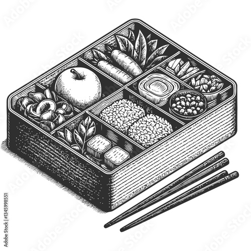 Traditional Japanese Bento Box Illustration Highlighting Vegetable Arrangement