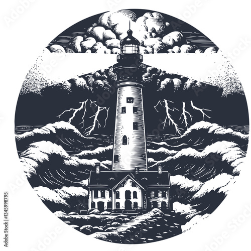 Artistic lighthouse depiction with crashing waves and intense stormy skies