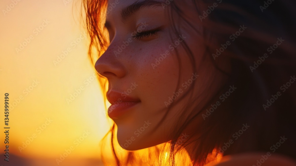 Dreamy profile portrait bathed in golden hour serenity and warmth Dreamy profile portrait bathed in golden hour serenity and warmth