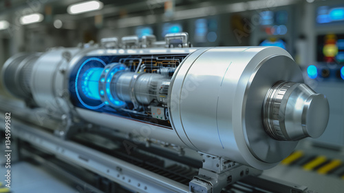 Engine Technology: A close-up view showcasing a complex engine, its inner workings exposed in a cutaway. Illuminated by a cool, vibrant blue light, emphasizing the advanced technology.