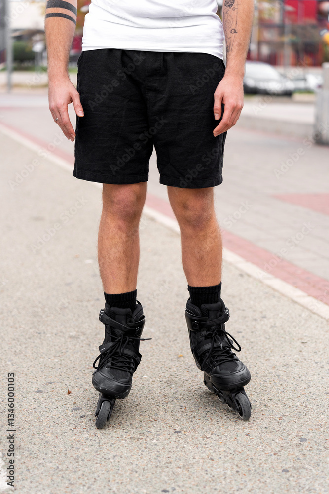 Young man wearing inline skates getting ready to ride in urban setting Young man wearing inline skates getting ready to ride in urban setting