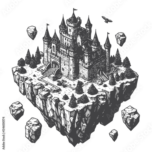 A vibrant depiction of a medieval castle on a lush floating island