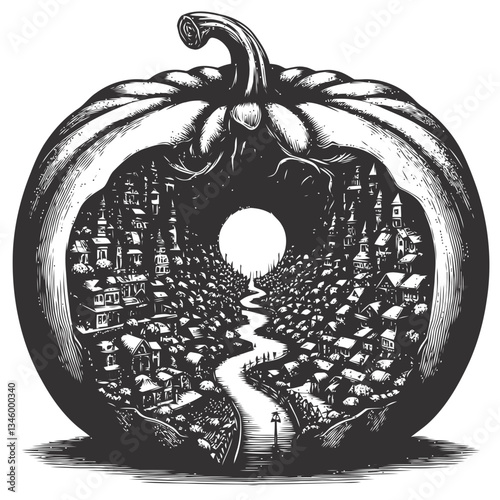 Hand-drawn depiction of a charming town built inside a pumpkin