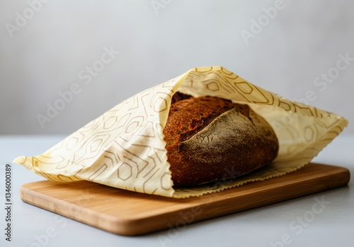 Fresh sourdough loaf wrapped in eco-friendly beeswax wrap on wooden cutting board