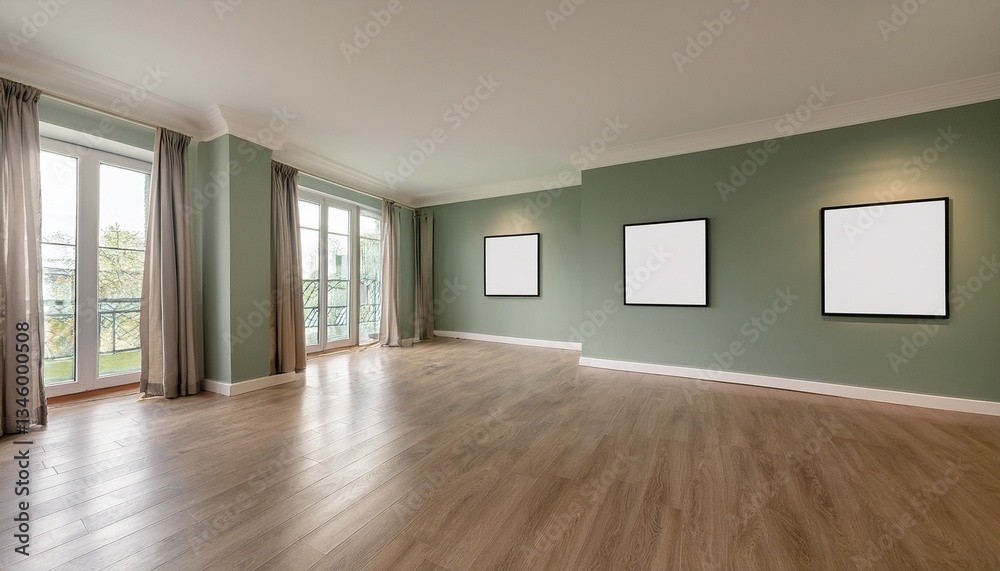 Fototapeta premium Sage empty living room with windows, parquet floor and mockup posters. Generated image