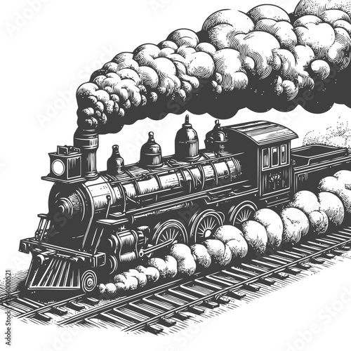 Classic steam locomotive with prominent smoke trails in vintage engraving art