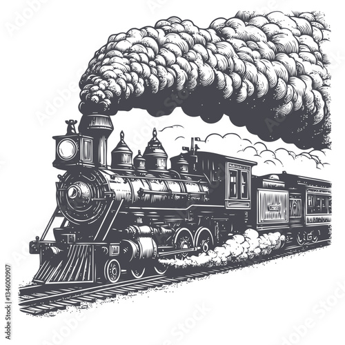 Vintage artwork of a steam locomotive with dense smoke and fine details