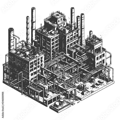 Abandoned industrial site with rusty pipes and damaged windows