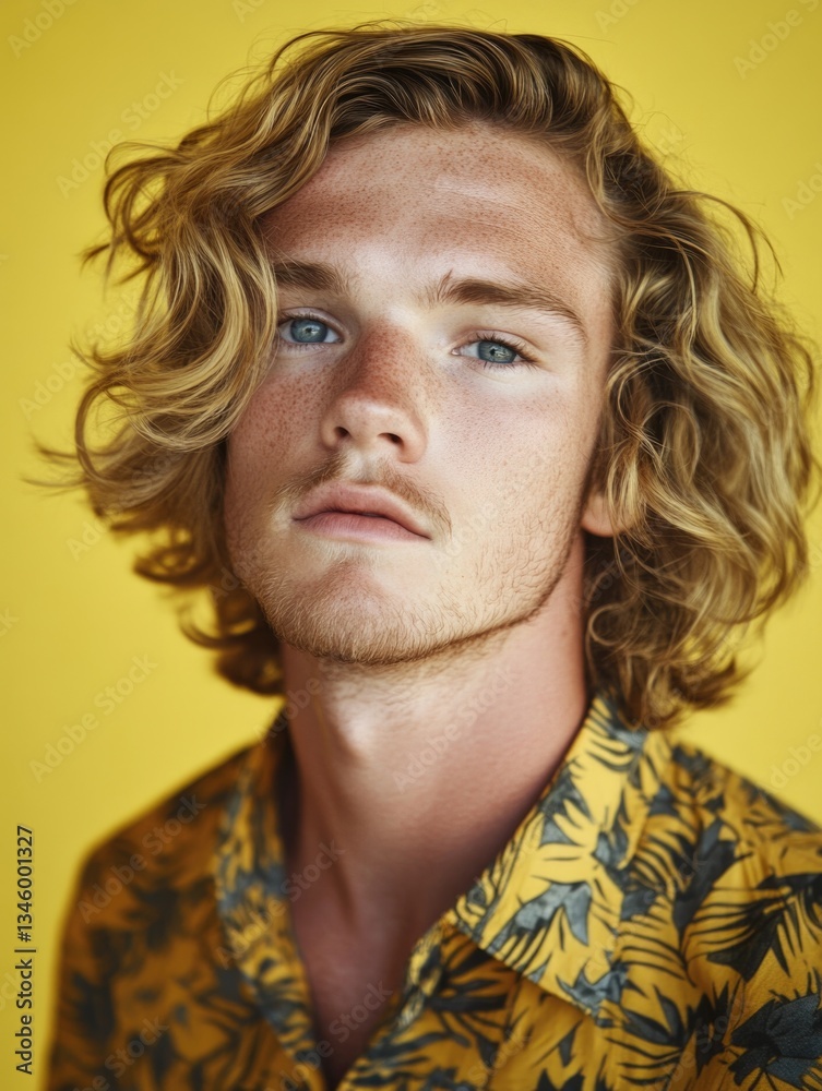 Fototapeta premium A young man with curly hair wearing a casual shirt