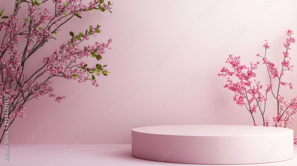 Delicate pink flowers arch gracefully around a smooth, circular pedestal in a soft hue. This tranquil setting invites artistic expression and peaceful reflection, perfect for showcasing beauty Delicate pink flowers arch gracefully around a smooth, circular pedestal in a soft hue. This tranquil setting invites artistic expression and peaceful reflection, perfect for showcasing beauty