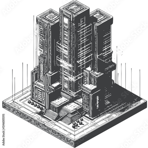 Detailed hand-drawn illustration of a futuristic skyscraper and its unique architecture