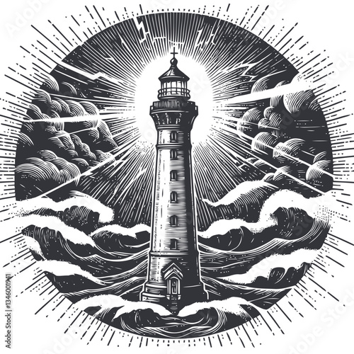 Lighthouse illustration featuring stormy seas and swirling cloud patterns