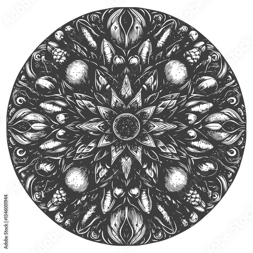 Creative mandala pattern of vegetables in vibrant circular kaleidoscope design
