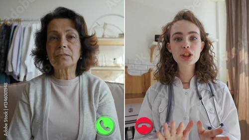 Two individuals participate in an online call, featuring a woman at home and a doctor in a white coat. The setting highlights modern technology used for medical consultations.
