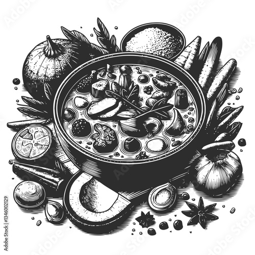Detailed hand-drawn Thai curry with aromatic coconut broth and spices