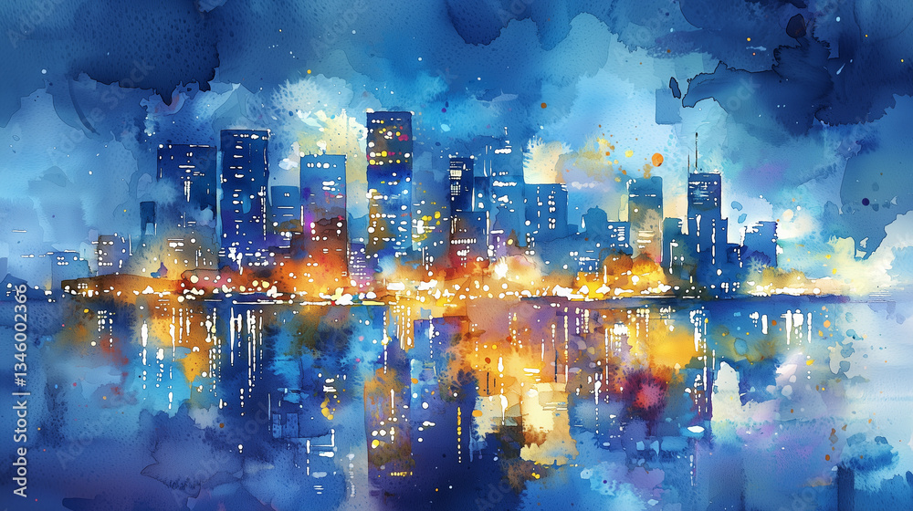 Fototapeta premium 幻想的な水彩アートで描かれた輝く都市夜景