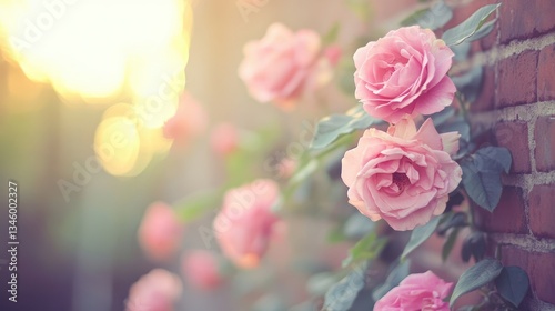 Soft Pink Roses Against a Rustic Brick Wall at Sunset Light