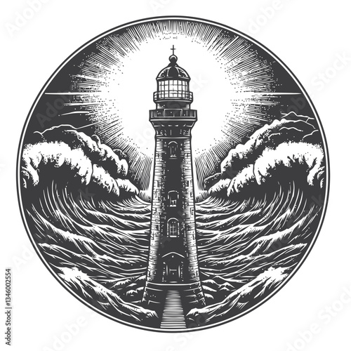 Vintage lighthouse enduring stormy sea with dramatic waves illustration