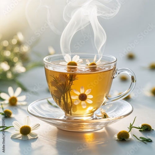 Steaming Chamomile Tea with Floating Flowers on White Background – Calming Herbal Infusion, Healthy Detox Drink