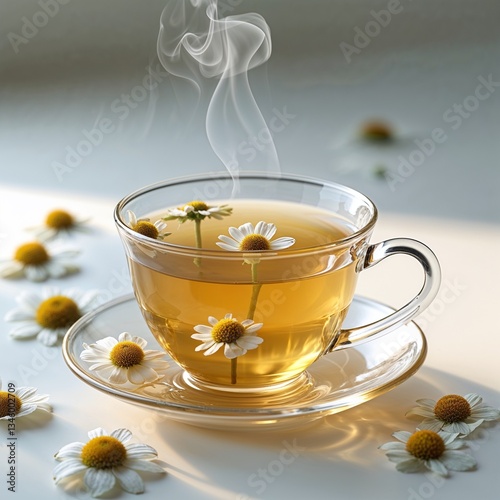 Hot Chamomile Tea in Elegant Cup with Floating Flowers – Organic Herbal Infusion, Natural Stress Relief Drink