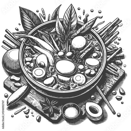 Vivid illustration of Thai curry with fresh vegetables and coconut milk