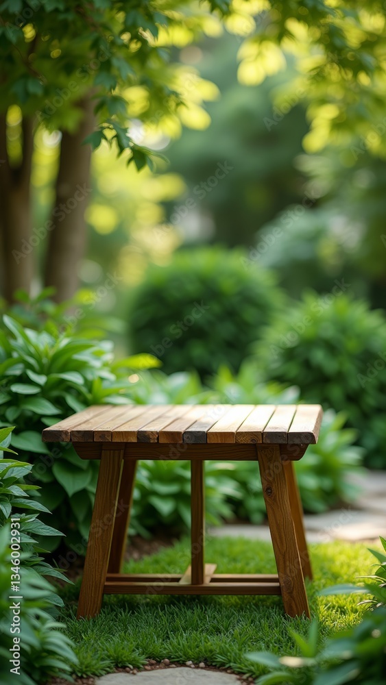 A simple wooden bench invites contemplation in a serene garden setting A simple wooden bench invites contemplation in a serene garden setting