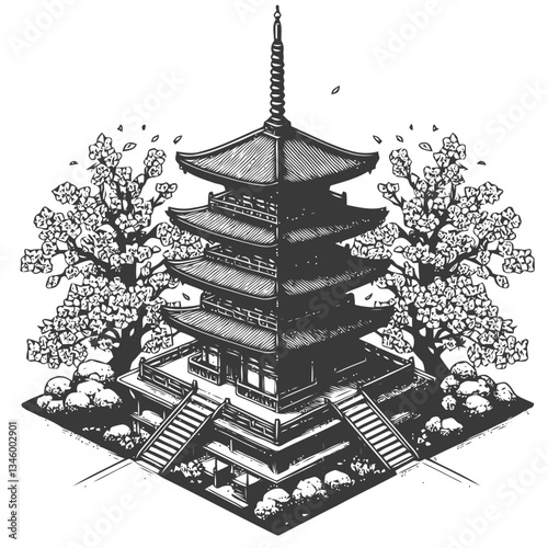 Japanese Pagoda Among Cherry Blossoms Captured in Engraving Artistic Style