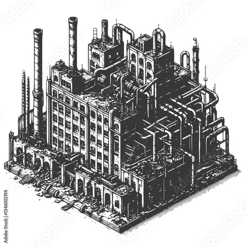 Artistic engraving of industrial ruins with rusting metal pipes and windows