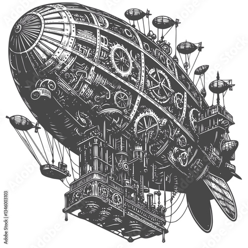 Detailed steampunk airship with gears and artistic retro mechanical features