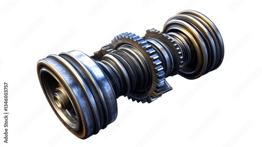 Close-up of a complex metallic mechanism with gears and cylindrical components, isolated on white background.