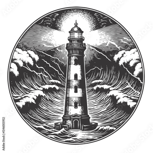 Classic lighthouse depiction with rough seas and overcast stormy sky