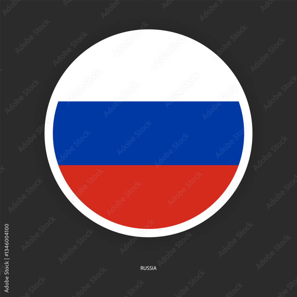Fototapeta premium Russia circle flag icon with shadow on dark background. Russia button icon with white border isolated dark grey background 