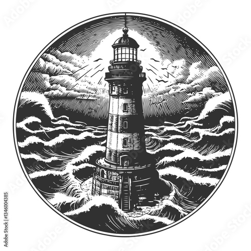 Historical lighthouse illustration with crashing waves and swirling clouds