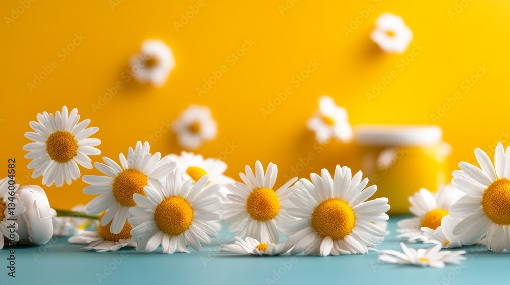 Obraz premium Bunch of white daisies are scattered on a blue background