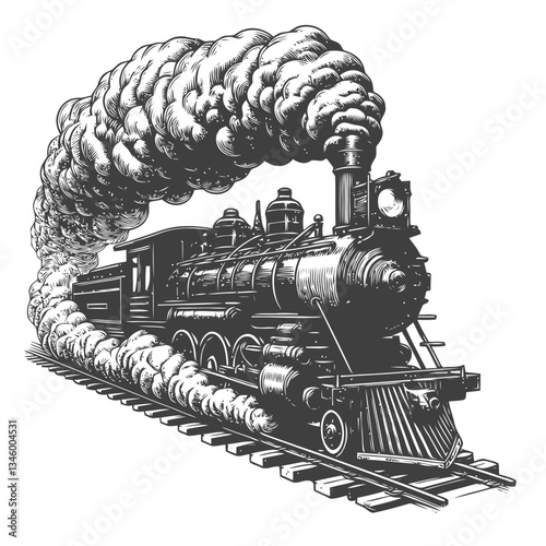 Classic steam locomotive artwork with thick smoke trails in engraving style