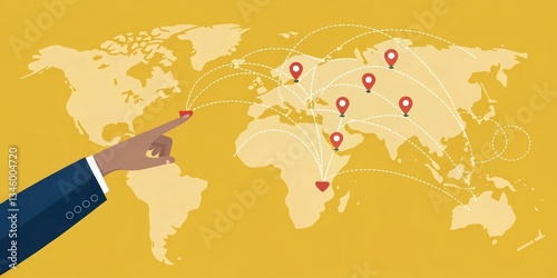 Businessman hand touching map point, network connection, international meaning, copy space yellow background