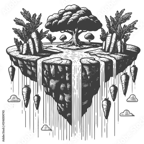 Creative engraving of a carrot island suspended above waterfalls
