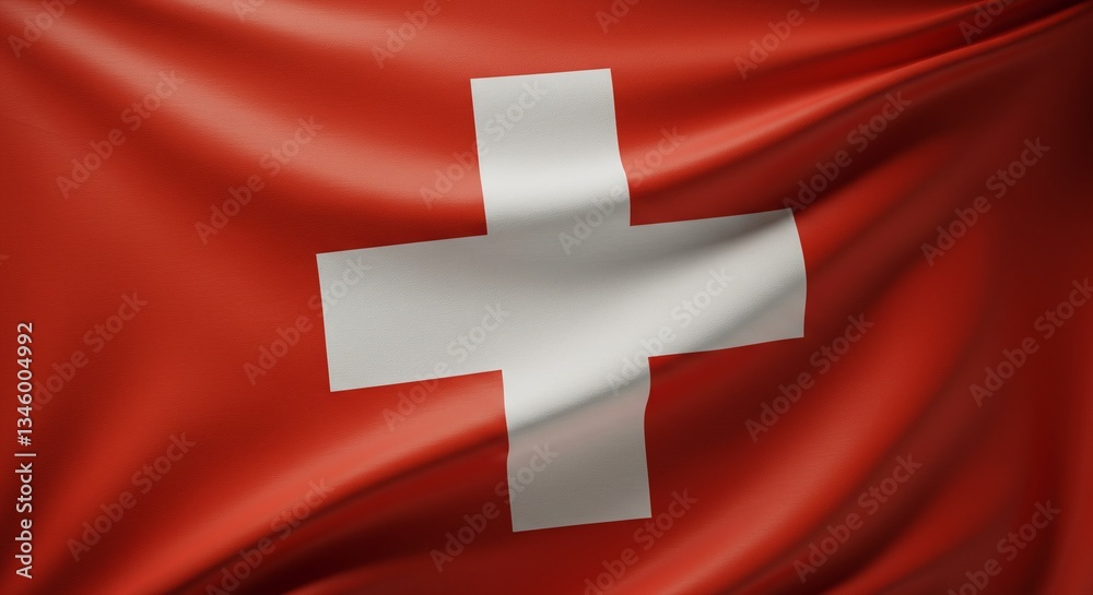 Realistic 3D rendering of a waving Swiss flag