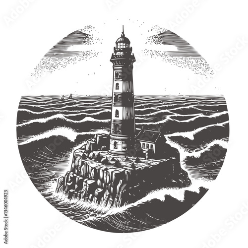 Timeless lighthouse engraving showcasing crashing waves and stormy weather