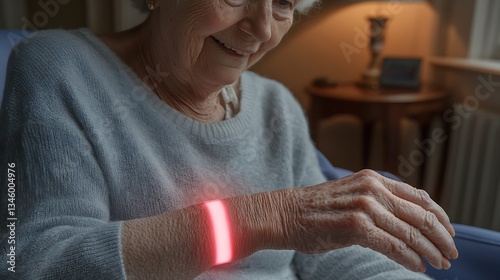 Senior Woman Uses Smart Health Tracker at Home.