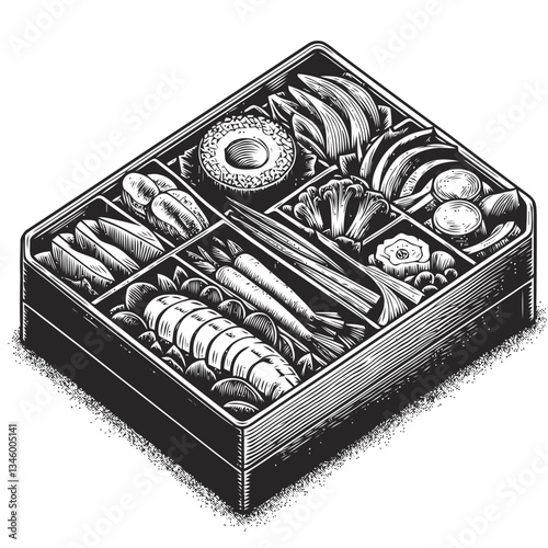 Japanese Food Illustration Highlighting Bento Box with Fresh Vegetables