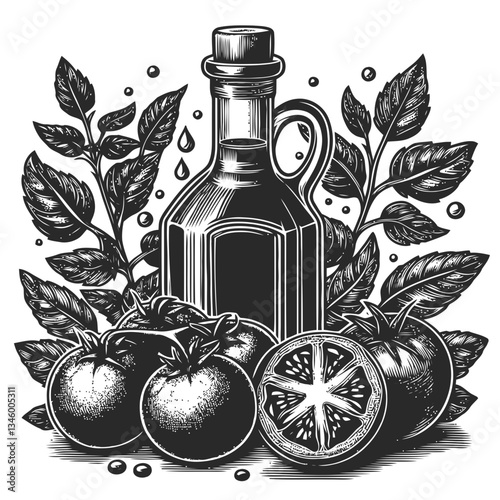 Vintage-style engraving of oil bottle with basil and fresh tomatoes
