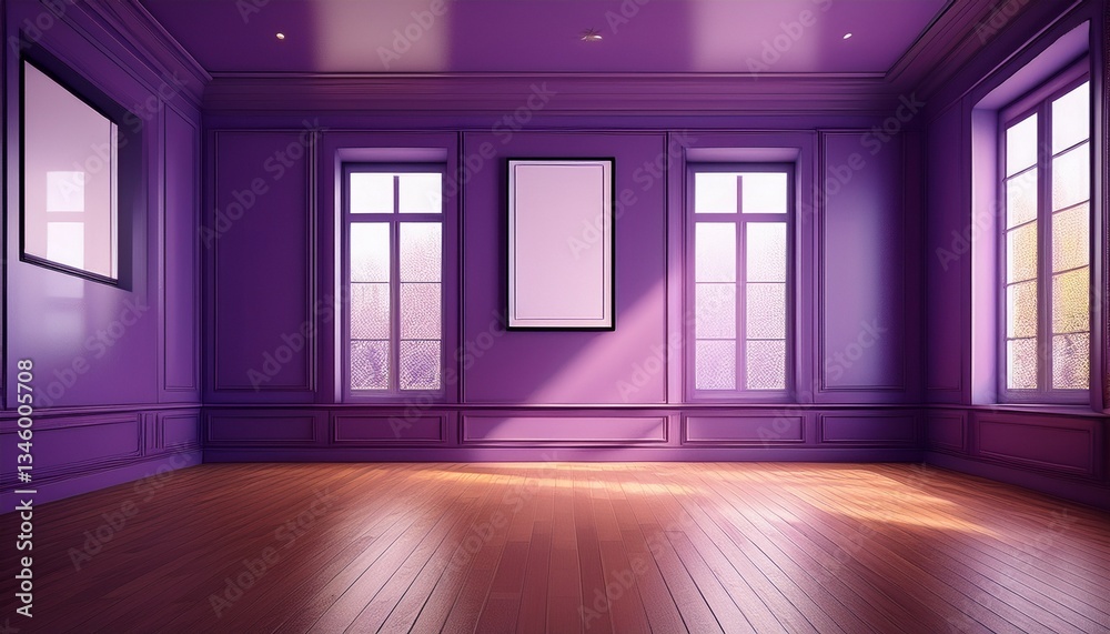 Obraz premium Purple empty living room with windows, parquet floor and mockup posters. Generated image