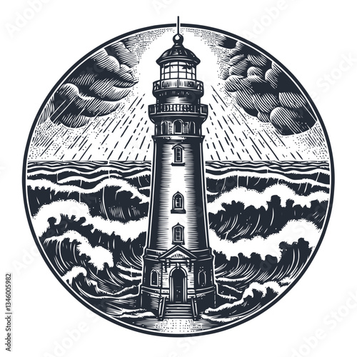 Seafaring lighthouse standing tall amidst stormy seas and fierce winds