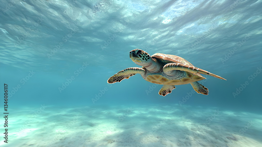 Obraz premium Underwater Sea Turtle Swimming In Tropical Waters