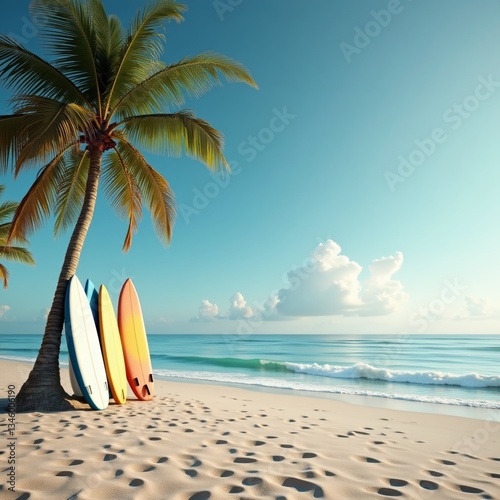 A serene beach scene with three surfboards leaning against a palm tree, set against a bright blue sky
