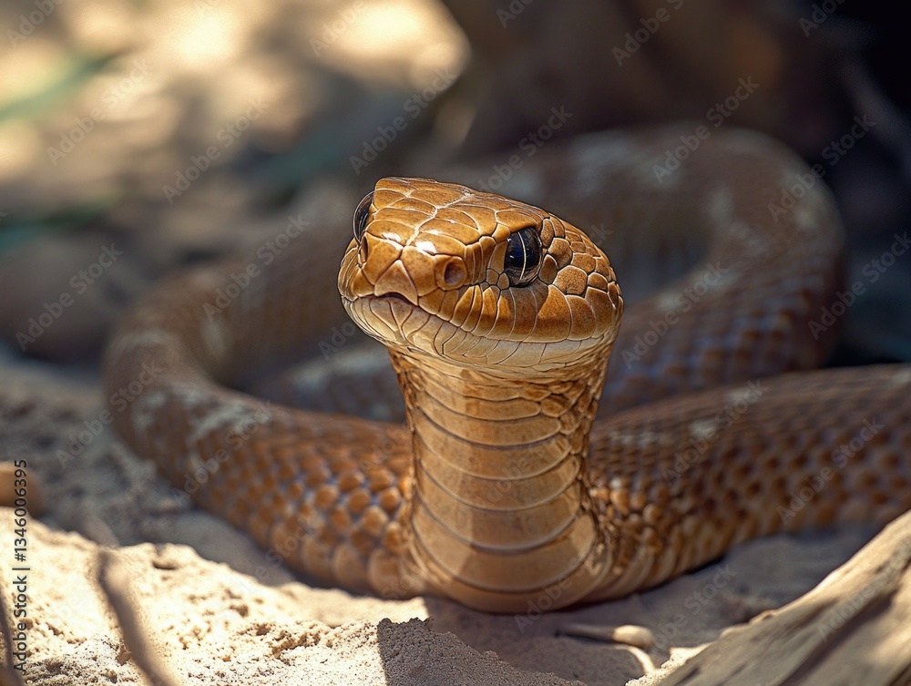 Fototapeta premium A close-up view of a snake on the ground, its body curled and alert