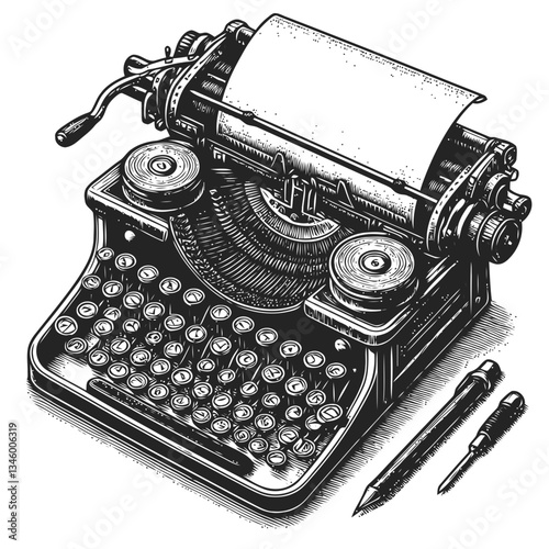 Old Typewriter with Rolling Paper Hand Drawn Engraved Art